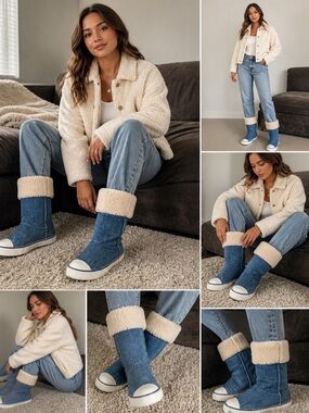 UGG Rare Vintage Washed Blue Denim Sheepskin Pull-On Boots size 6